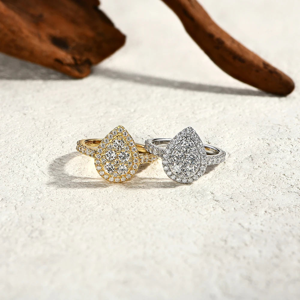 Moissanite ring with round diamond brilliance in a pear profile