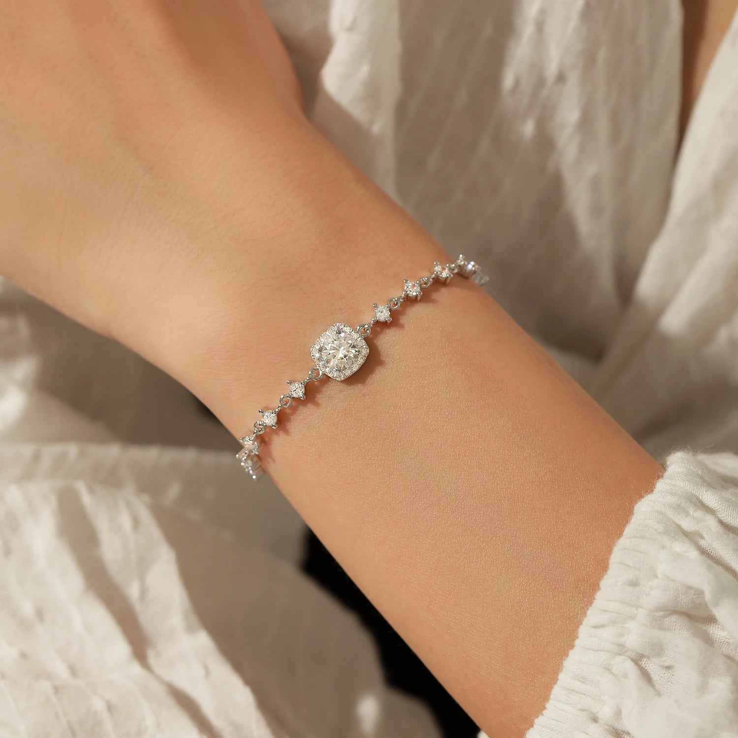 Sterling silver bracelet styled for moissanite jewelry elegance