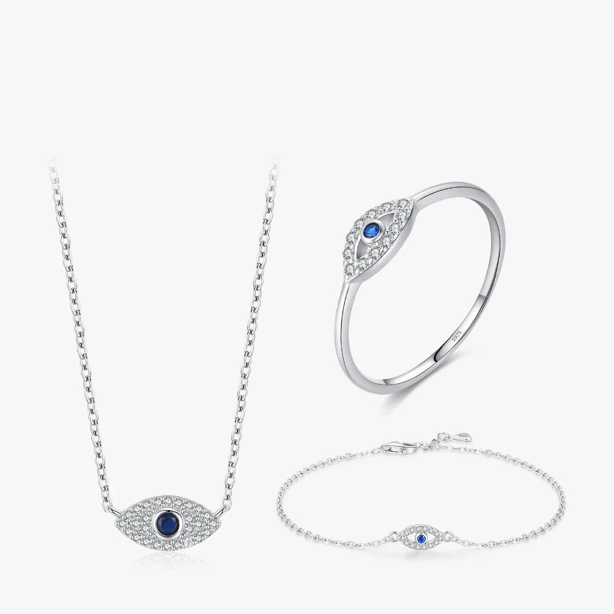Blue eye detail on a sterling silver necklace within a coordinated jewelry set