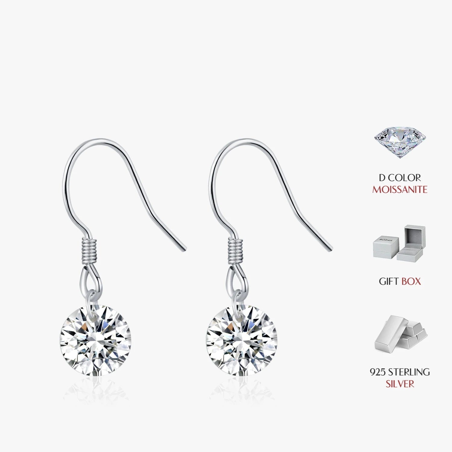 Close up of earrings moissanite stones set in polished 925 sterling silver