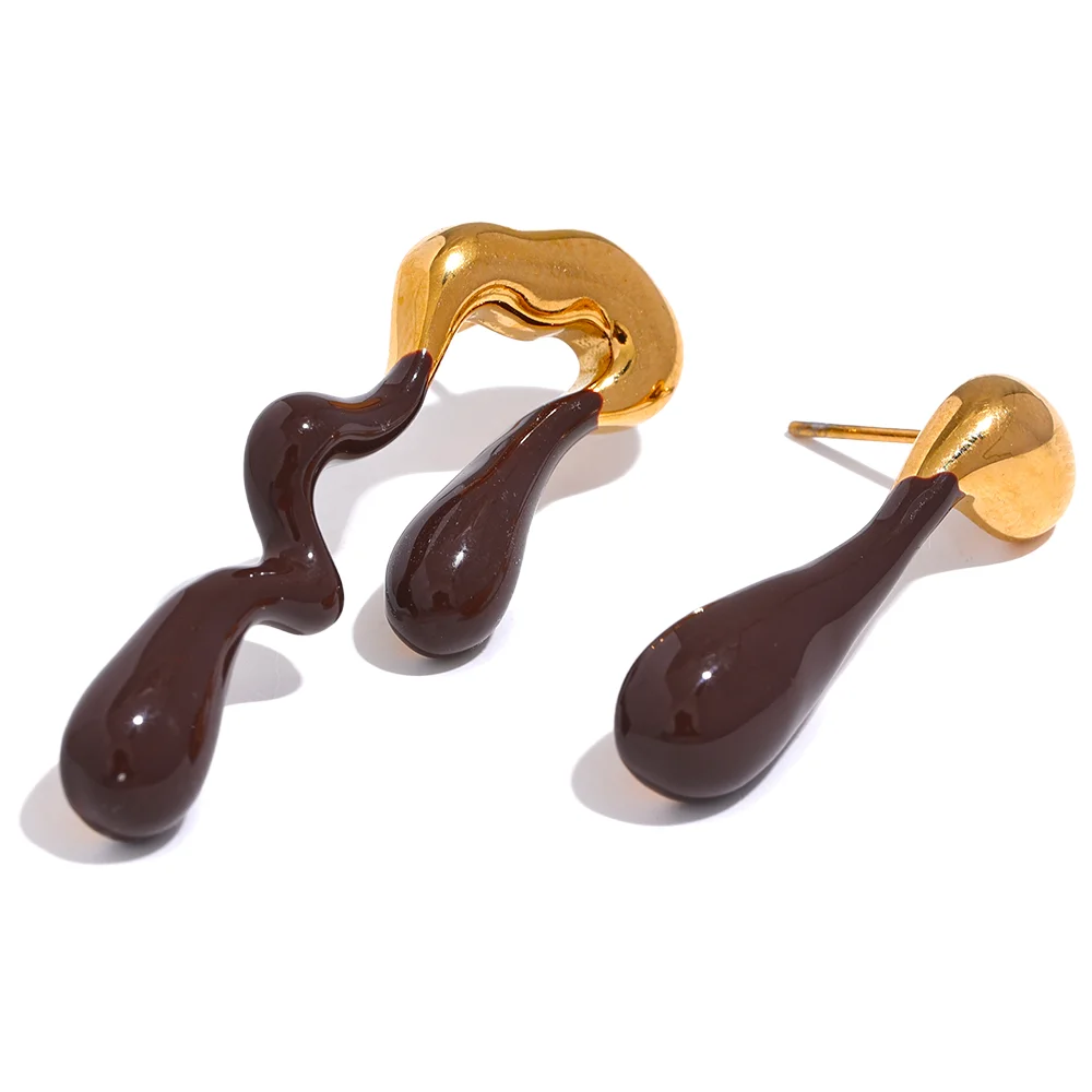 Stainless steel stud earrings with asymmetrical white and brown enamel