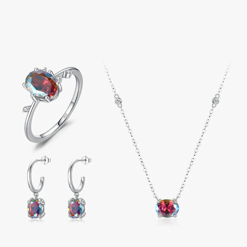 Sterling silver jewelry set with rainbow zirconia oval stones