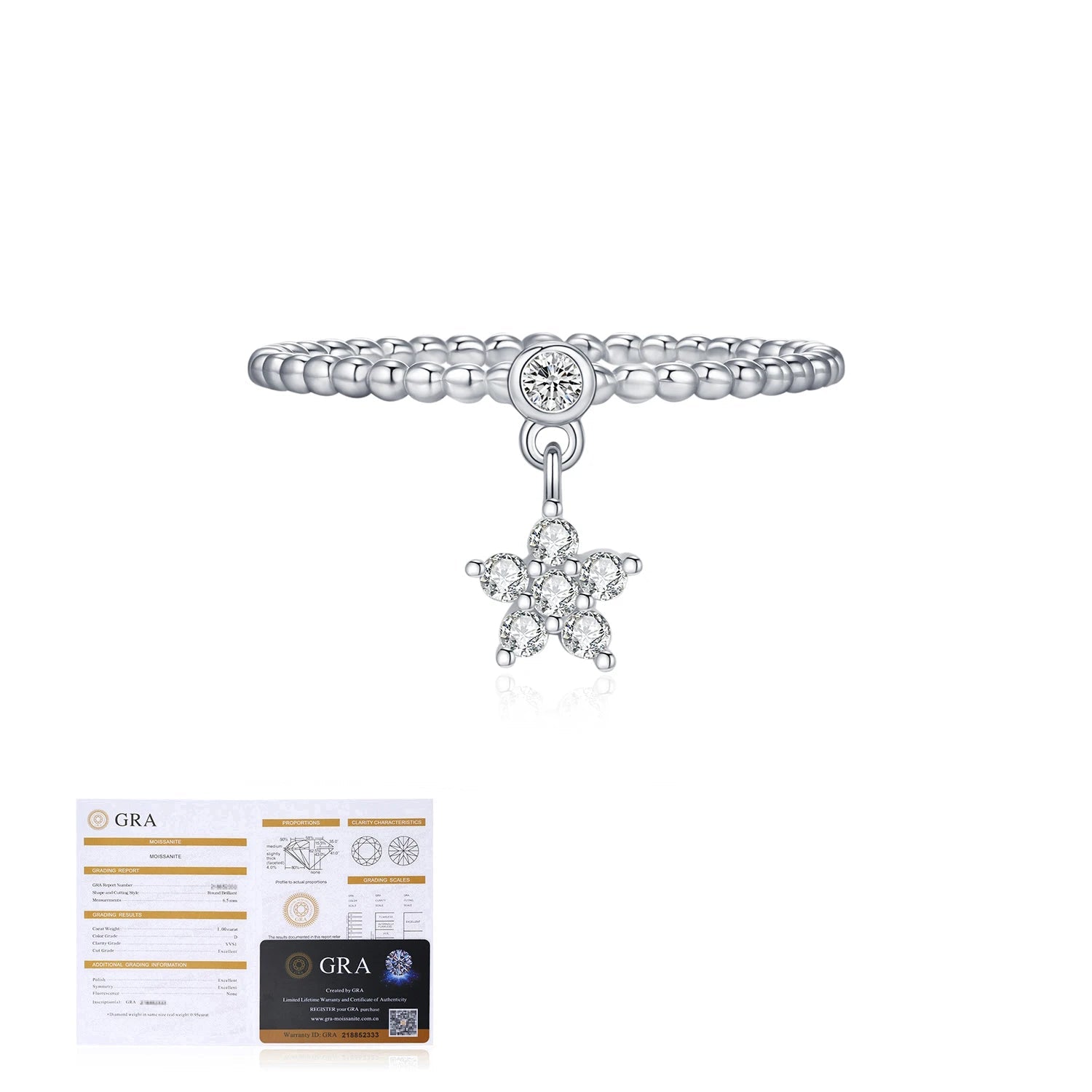 Beaded flower ring design with moissanite in sterling silver