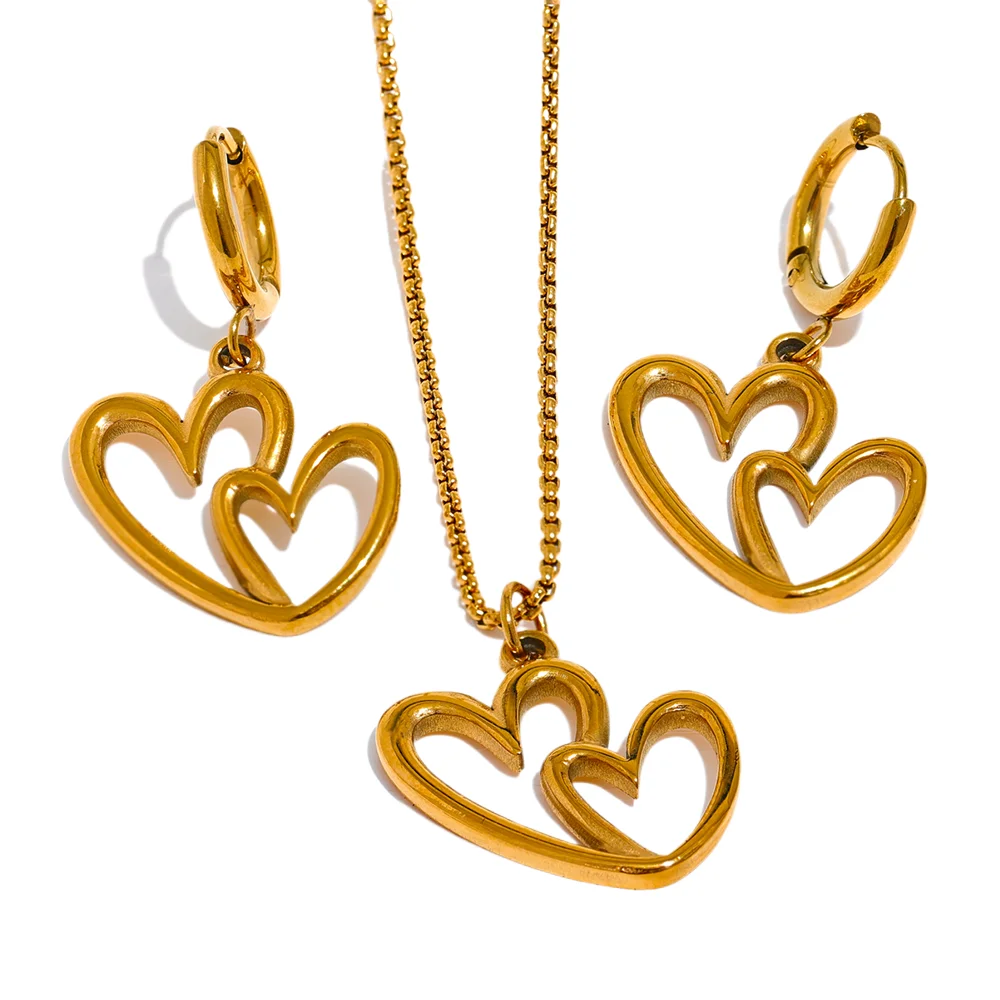 Gold heart hollow drop hoop earrings with matching necklace