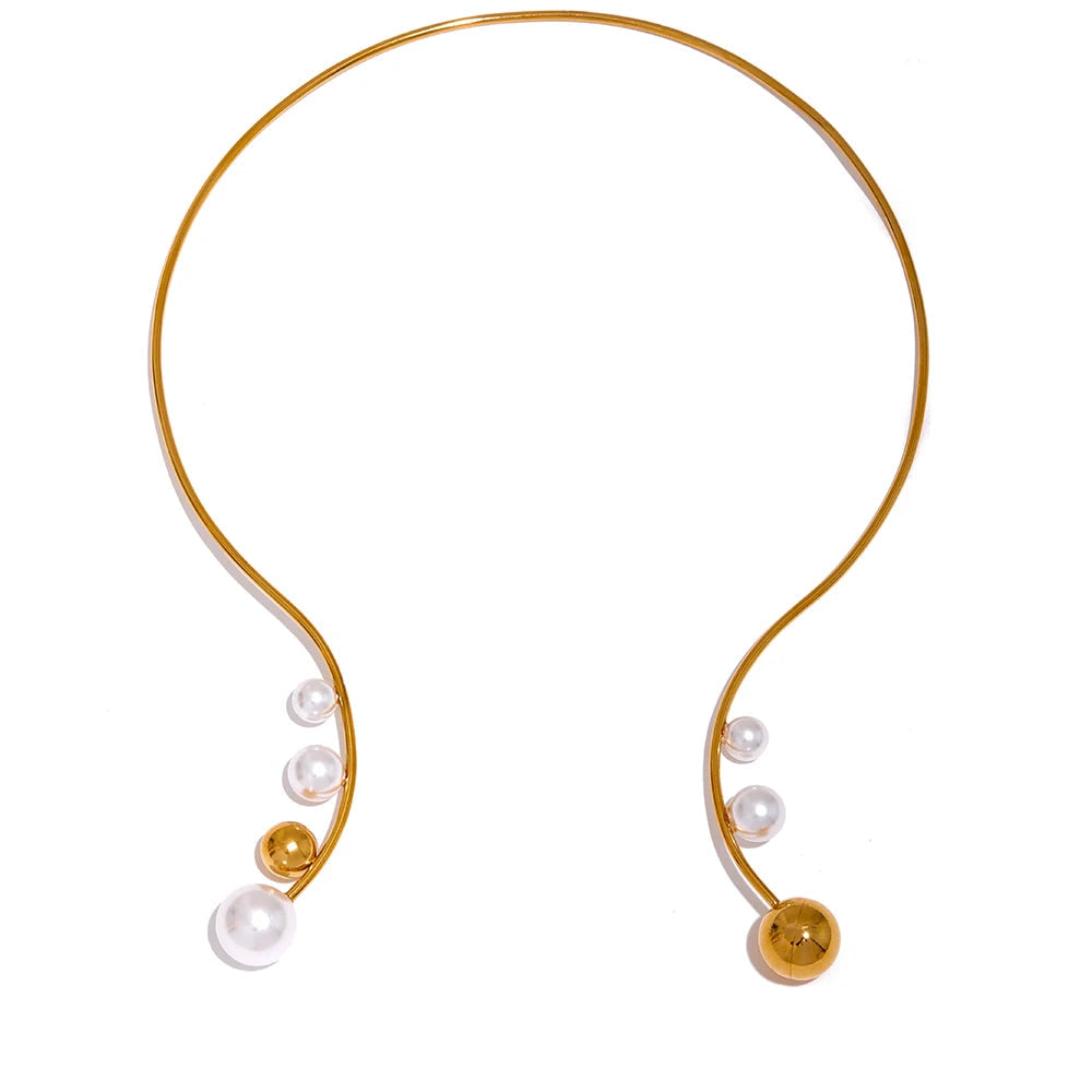Choker necklace open torques with imitation pearls in gold stainless steel