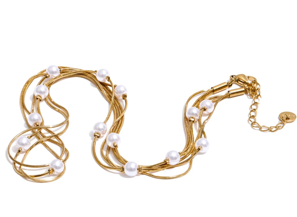 gold plated long chain layered necklace with square chain links and pearls