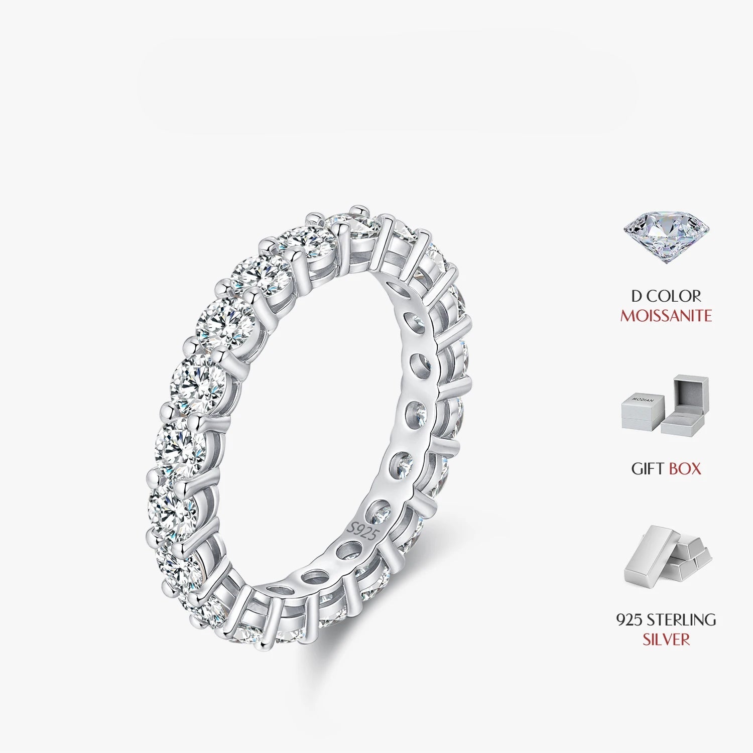 Women’s sterling silver rings featuring radiant moissanite stones