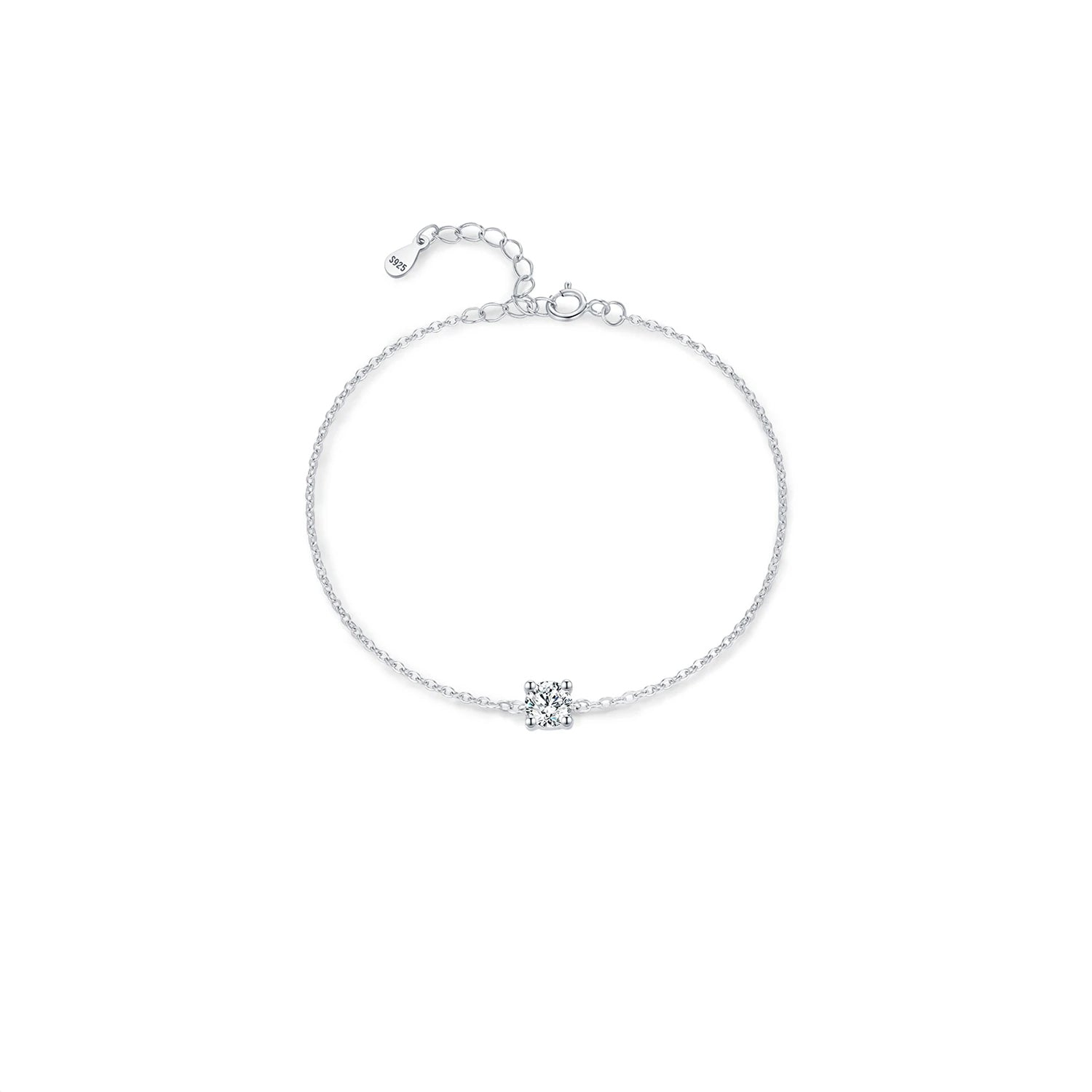 Silver bracelet with a square charm on a white background