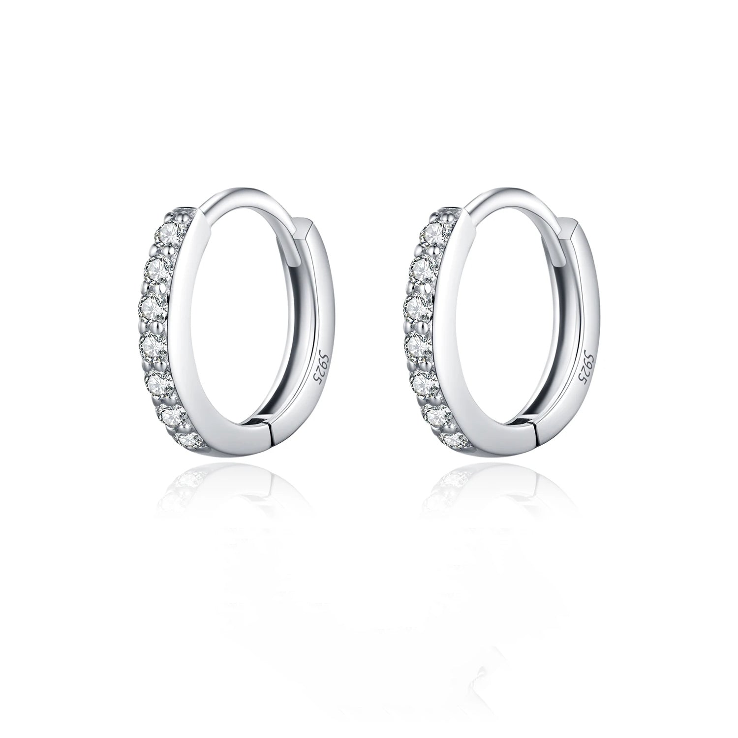 D Color moissanite hoop earrings in 925 silver displayed on white card