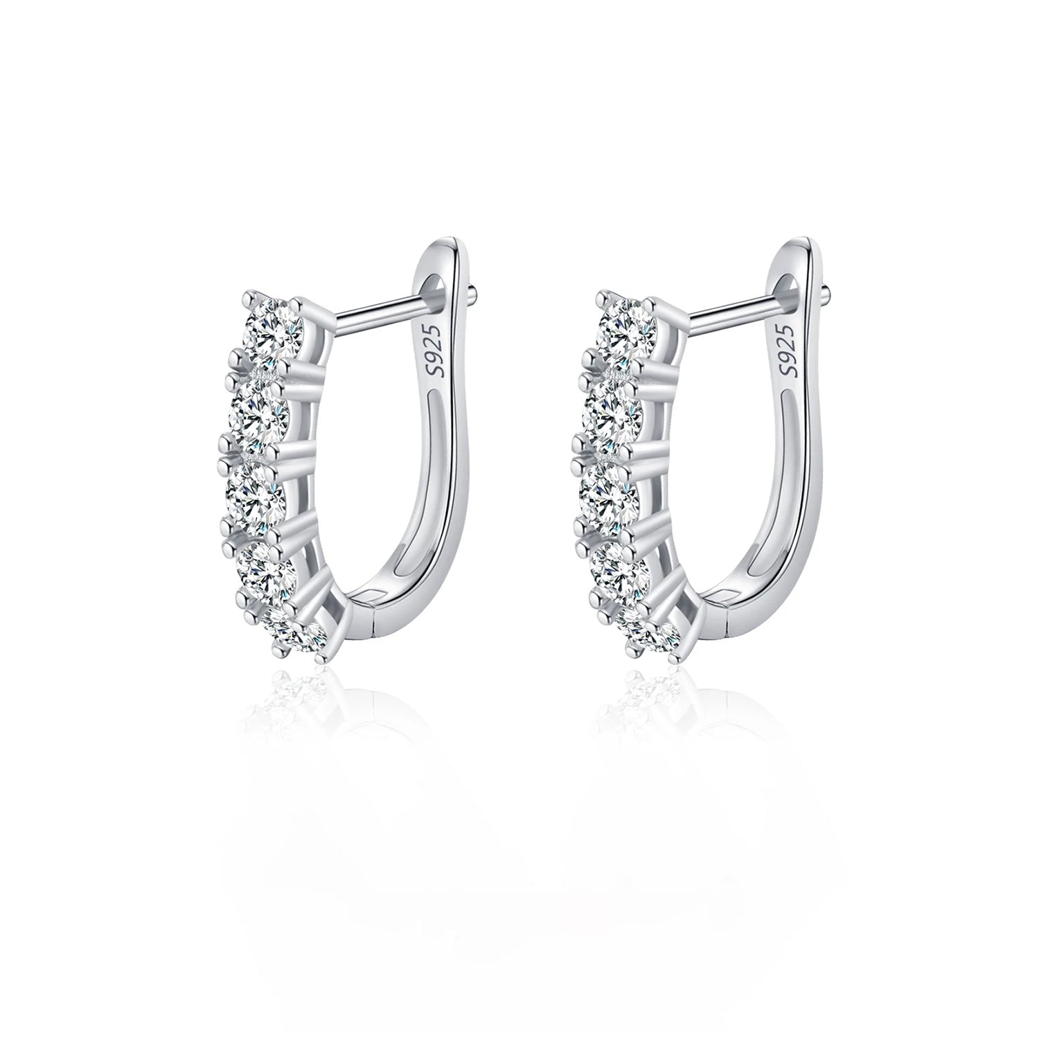 A pair of sterling silver hoop earrings with U-shape design and embedded with VVS1 D color moissanite stones, showing the earrings' high shine and sophistication.