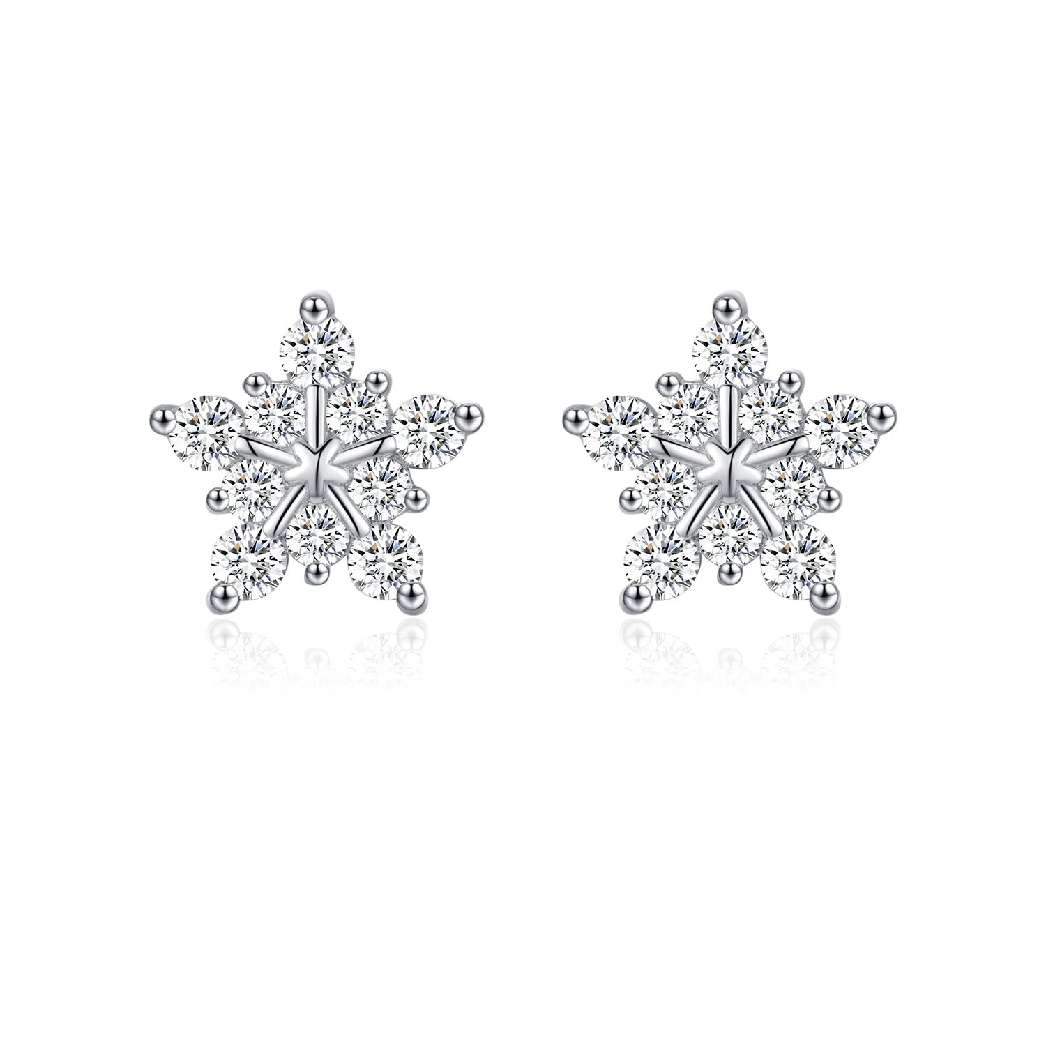 D Color moissanite snowflake stud earrings in 925 sterling silver.