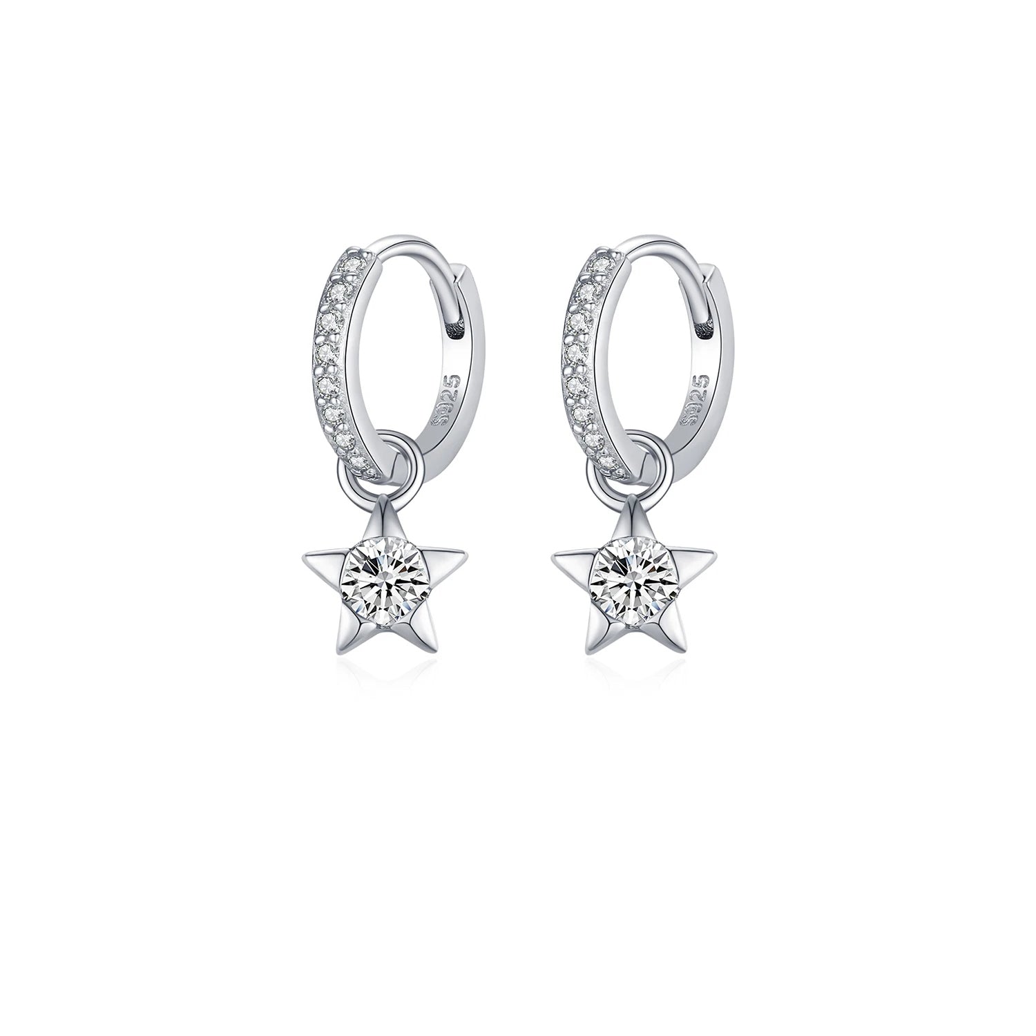Moissanite diamond star hoop earrings in sterling silver with radiant shine