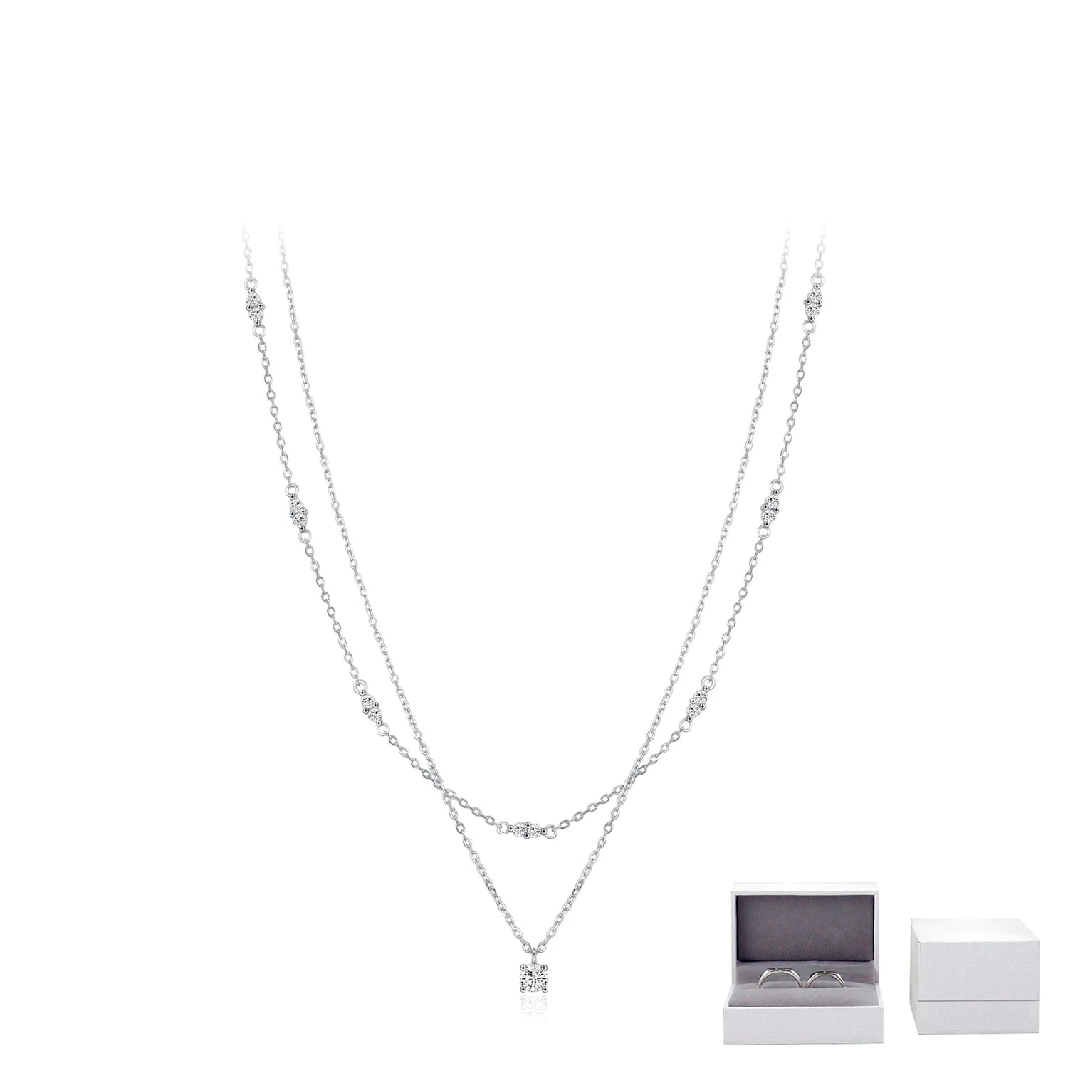 Moissanite jewelry detail on a refined sterling silver necklace