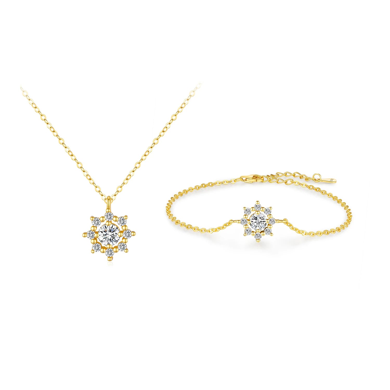 D Color moissanite snowflake pendant necklace with matching bracelet chain in sterling silver