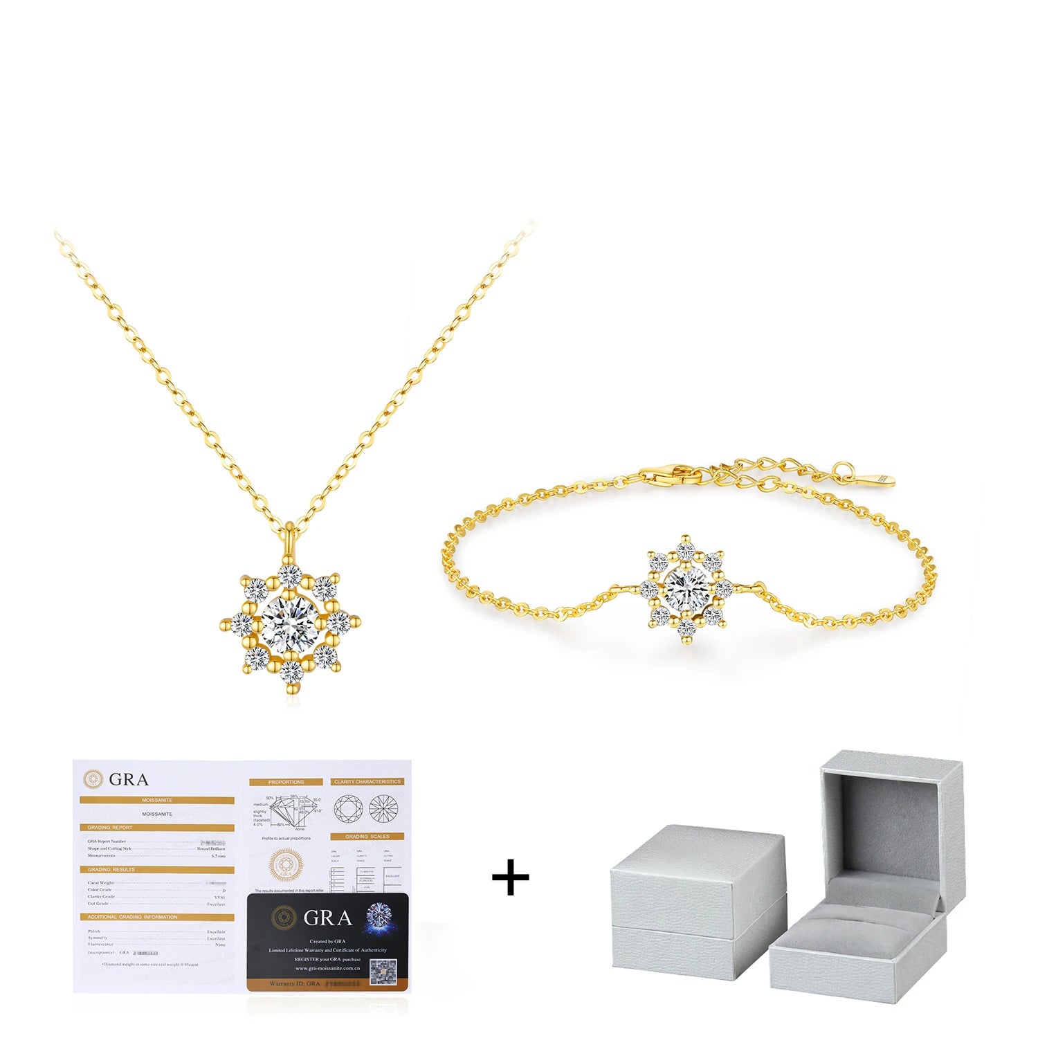 Jewelry set featuring snowflake link necklace and matching bracelet with moissanite stones