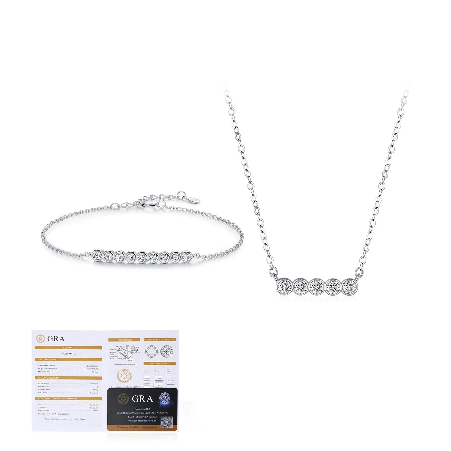 Styled image of long necklace and matching bracelet set as part of moissanite jewelry collection