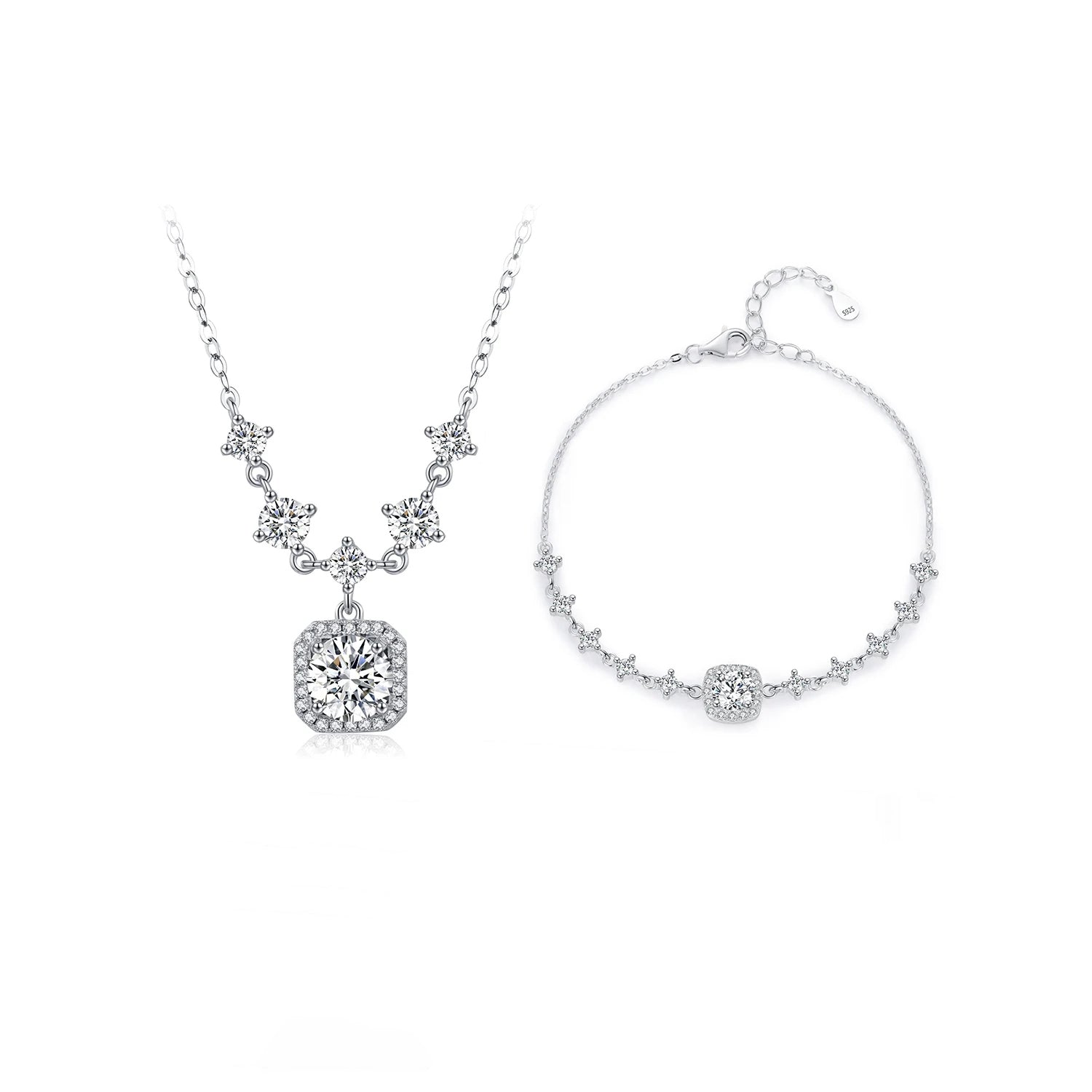 Geometric moissanite necklace and bracelet jewelry set 925 silver