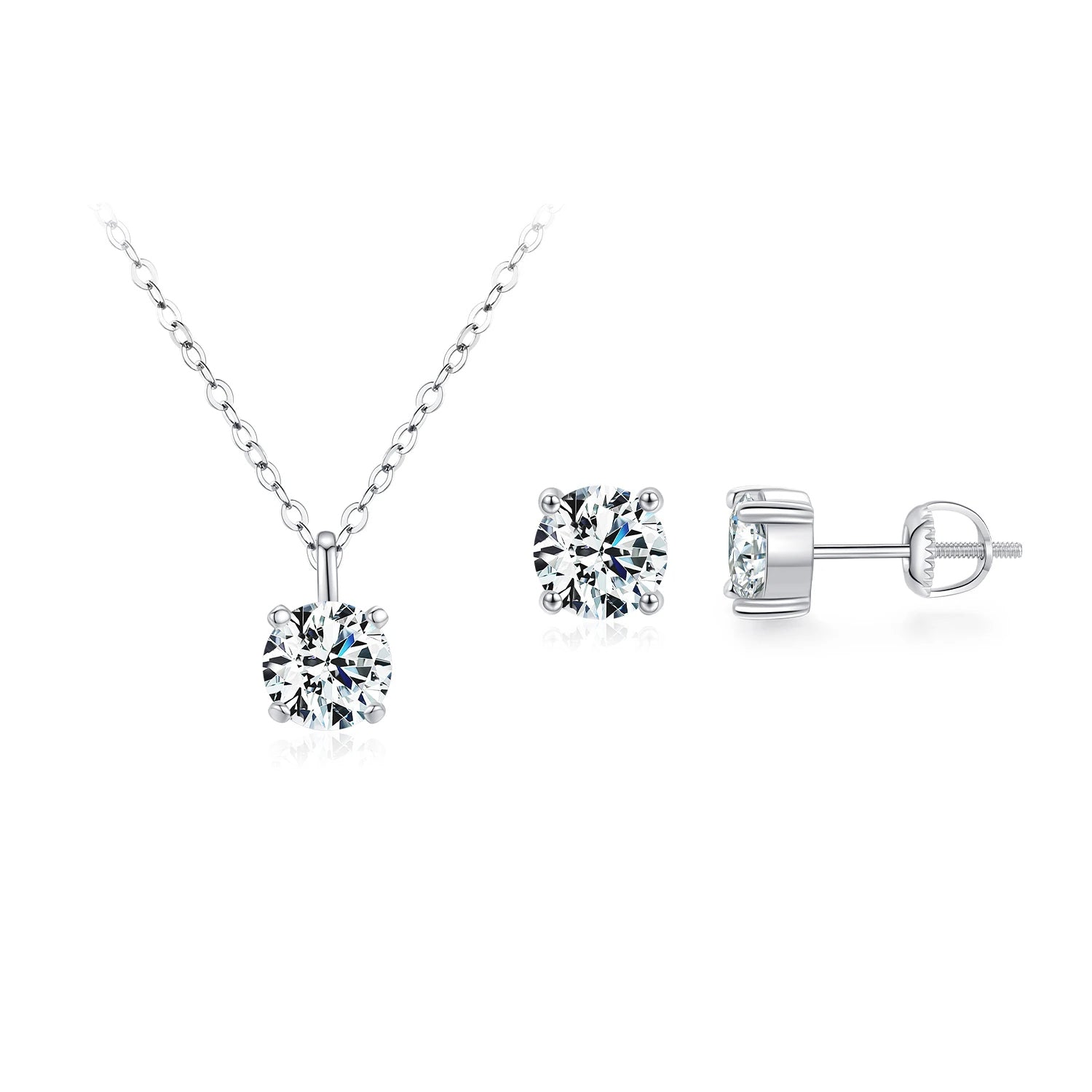 D Color moissanite pendant necklace and earrings set displayed on velvet with silver earrings visible