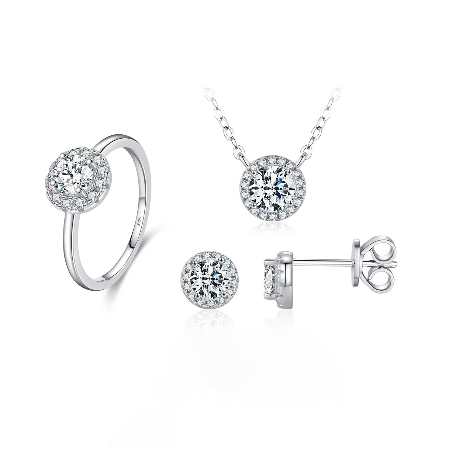 Moissanite ring and stud earrings set displayed with pendant necklace in luxury jewelry style