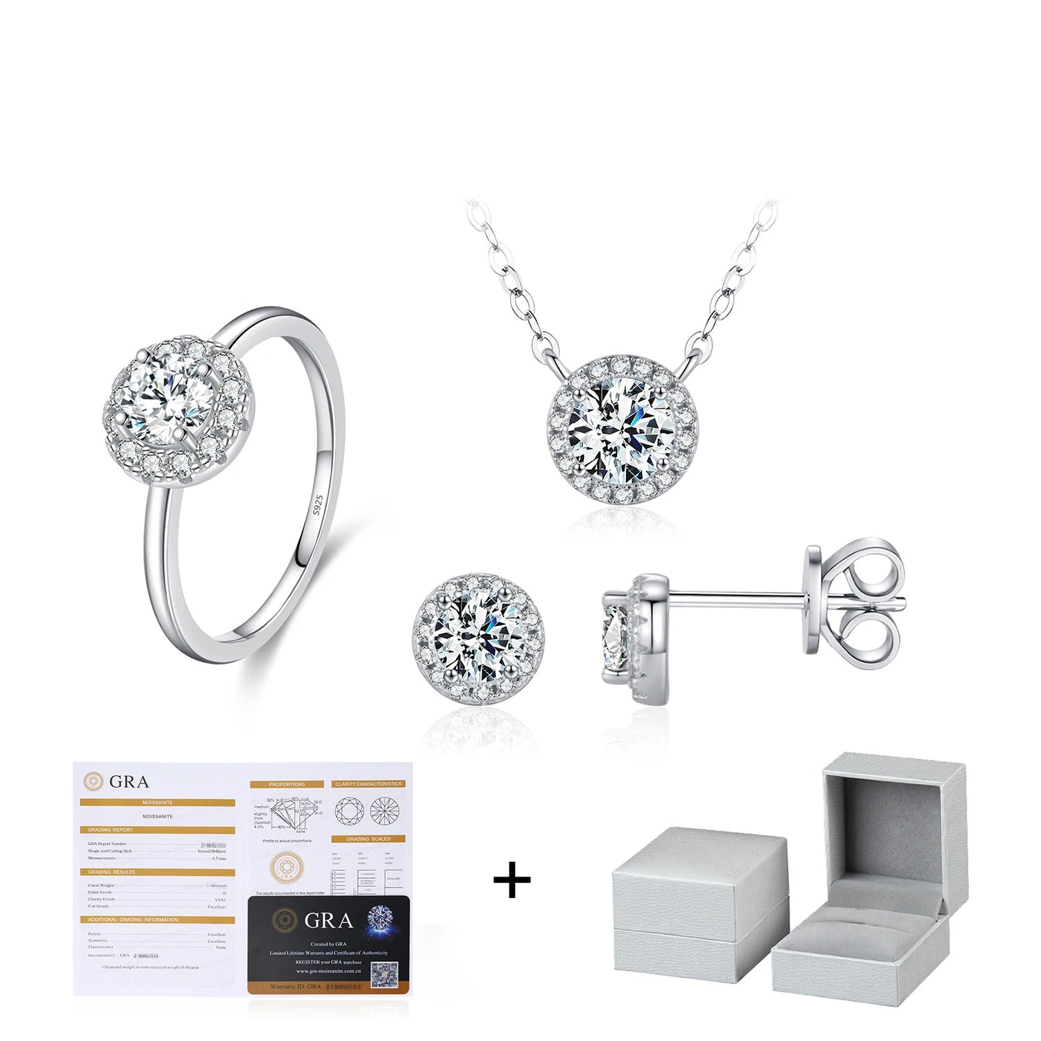 Detail of moissanite jewelry rings and stud earrings showing precise prong settings