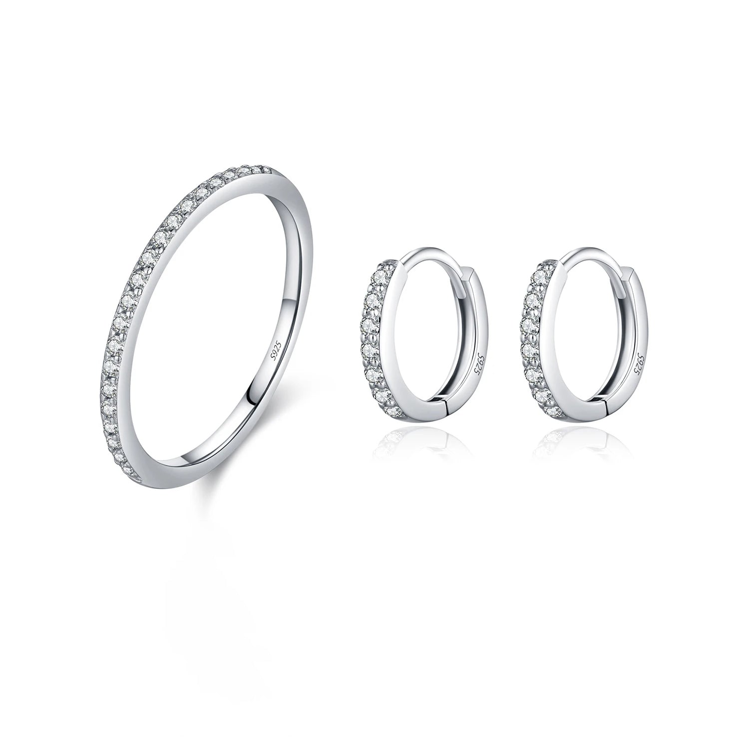 925 silver hoop earrings and moissanite ring set displayed elegantly