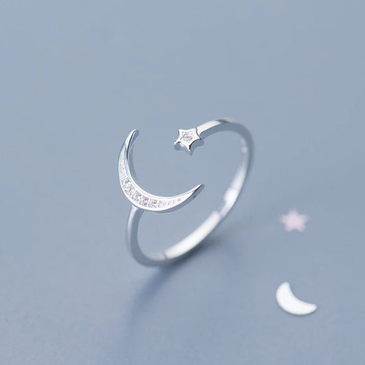 925 Sterling Silver Star Moon Zircon Slim Ring