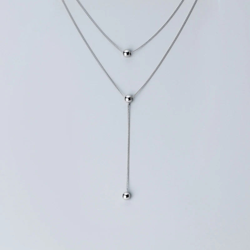 Sterling Silver Minimalist Three-Layer Bead Y-Shape Necklace