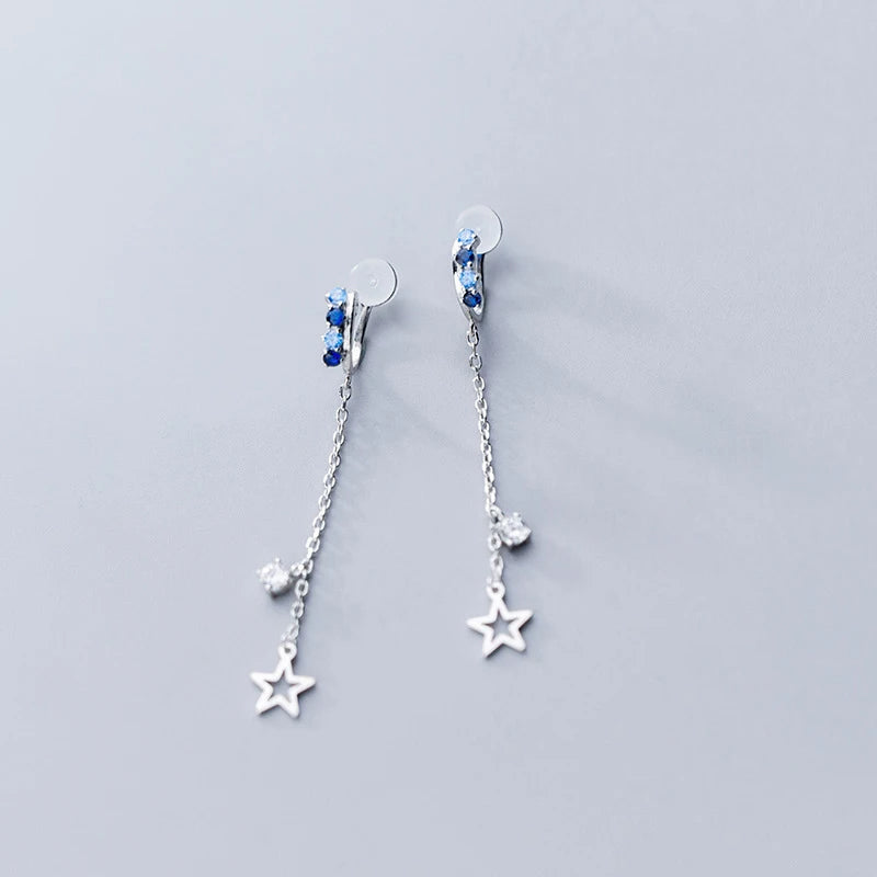Colorful crystal U shape clip on earrings with star tassel in silver color