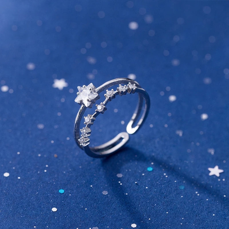 Double layer twinkle star silver ring crafted in 925 sterling silver