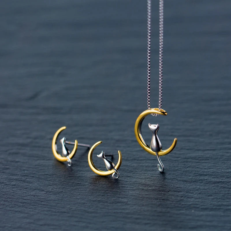 Sterling Silver Cat Jewelry Set