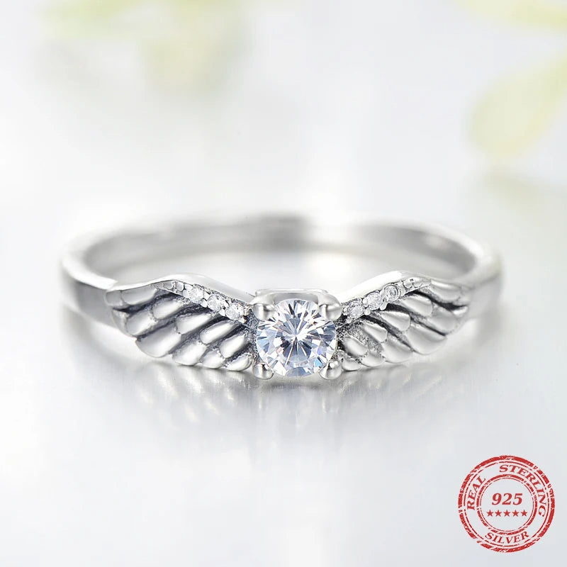 925 Sterling Silver Angel Wings CZ Ring