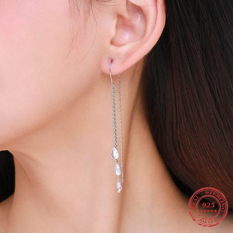 Sparkling Clear CZ Dangle Tassel Drop Earrings