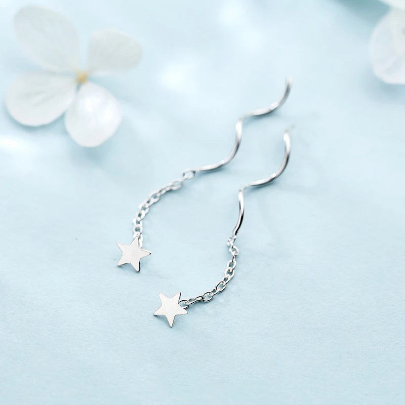 Long drop earrings sterling silver with celestial stars