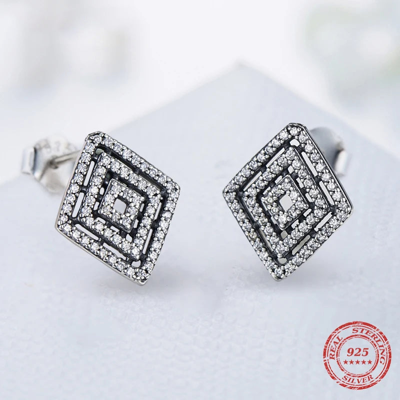 Sterling Silver Retro CZ Rhombus Stud Earrings