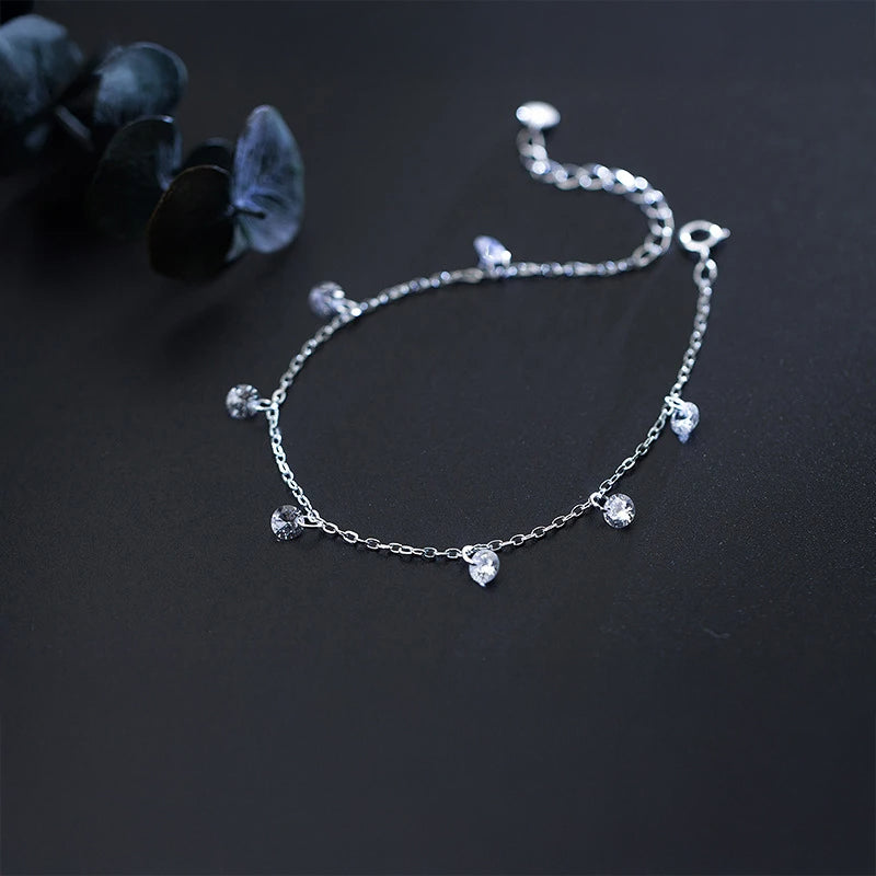 Sterling Silver Chain Bracelet – Shining Clear CZ Lobster Lock Jewelry for Women