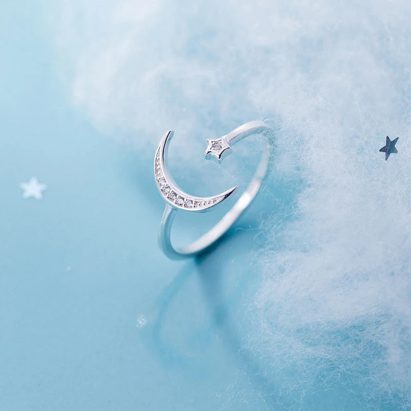 925 Sterling Silver Star Moon Zircon Slim Ring