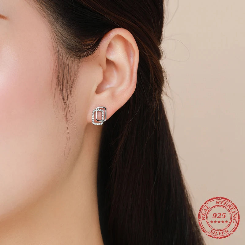 Genuine 925 Silver Geometric CZ Stud Earrings