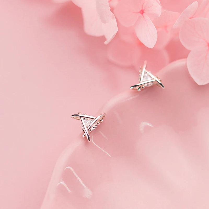 Triangle Sparkle Silver Stud Earrings in 925 Sterling Silver