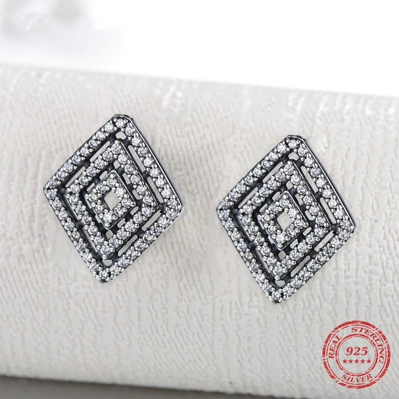 Sterling Silver Retro CZ Rhombus Stud Earrings