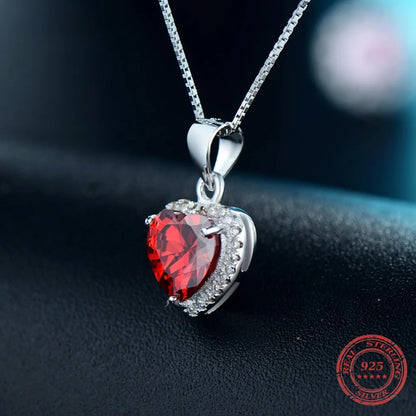 Sterling Silver Red Heart Crystal Pendant Necklace