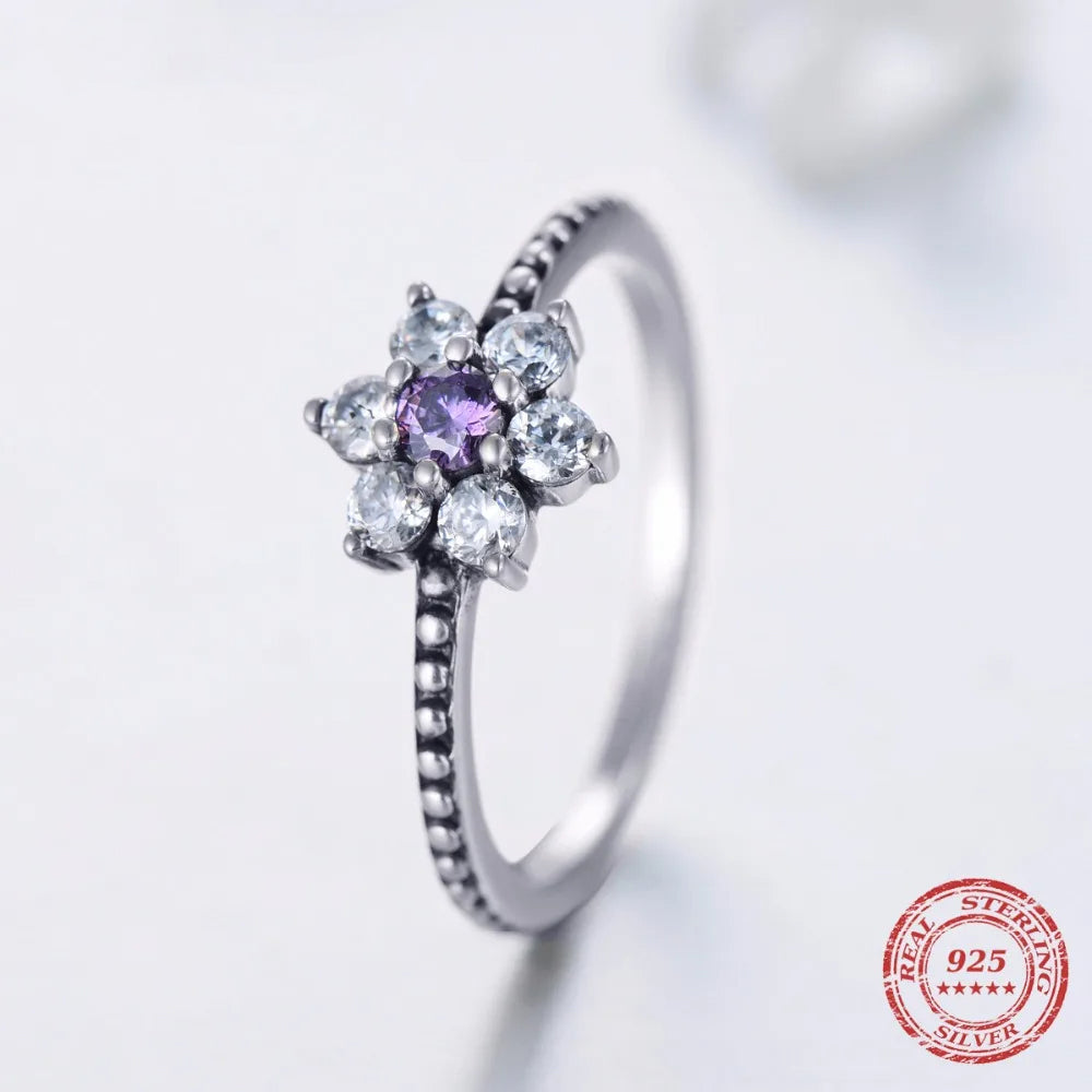 Purple Crystal 925 Sterling Silver Flower Ring