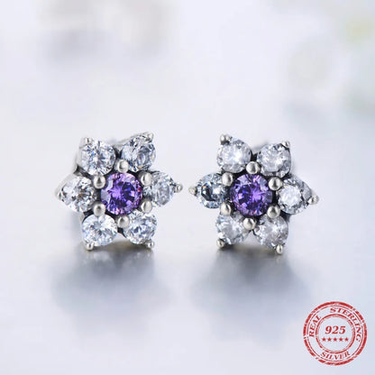 925 Silver Purple Crystal Flower Stud Earrings