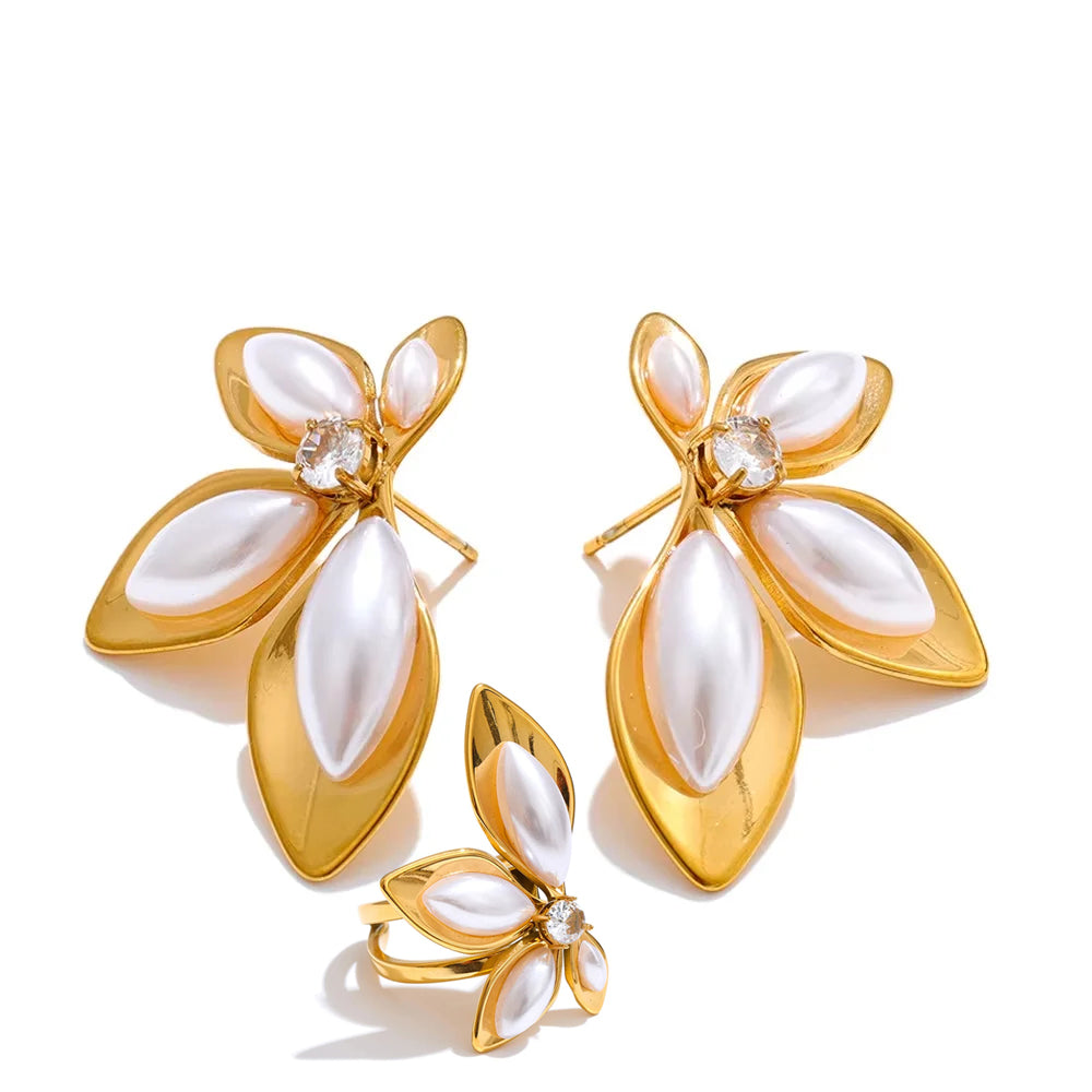 Gold plated pearl flower ring and earrings set in stainless steel