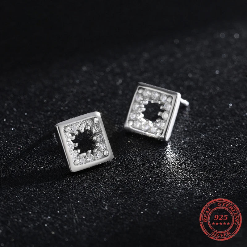 Sterling Silver Hollow Square Zircon Stud Earrings