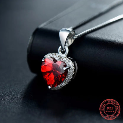 Sterling Silver Red Heart Crystal Pendant Necklace