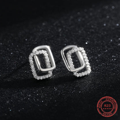 Genuine 925 Silver Geometric CZ Stud Earrings