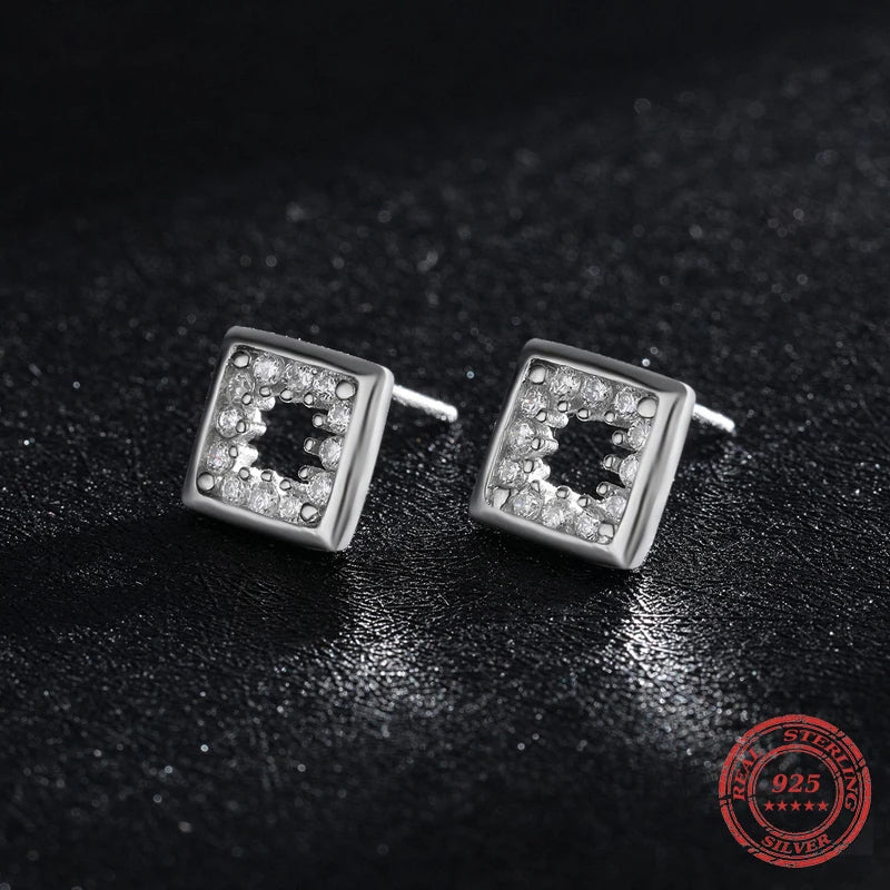 Sterling Silver Hollow Square Zircon Stud Earrings