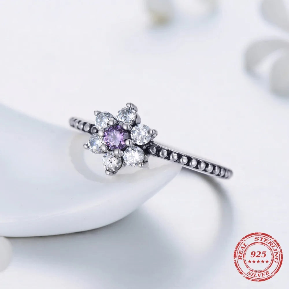 Purple Crystal 925 Sterling Silver Flower Ring