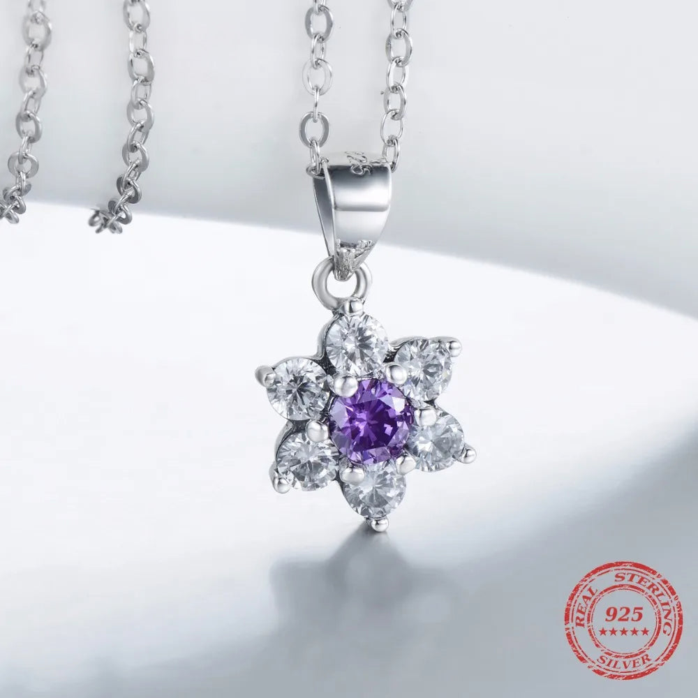 Sterling Silver Purple Flower Pendant Necklace