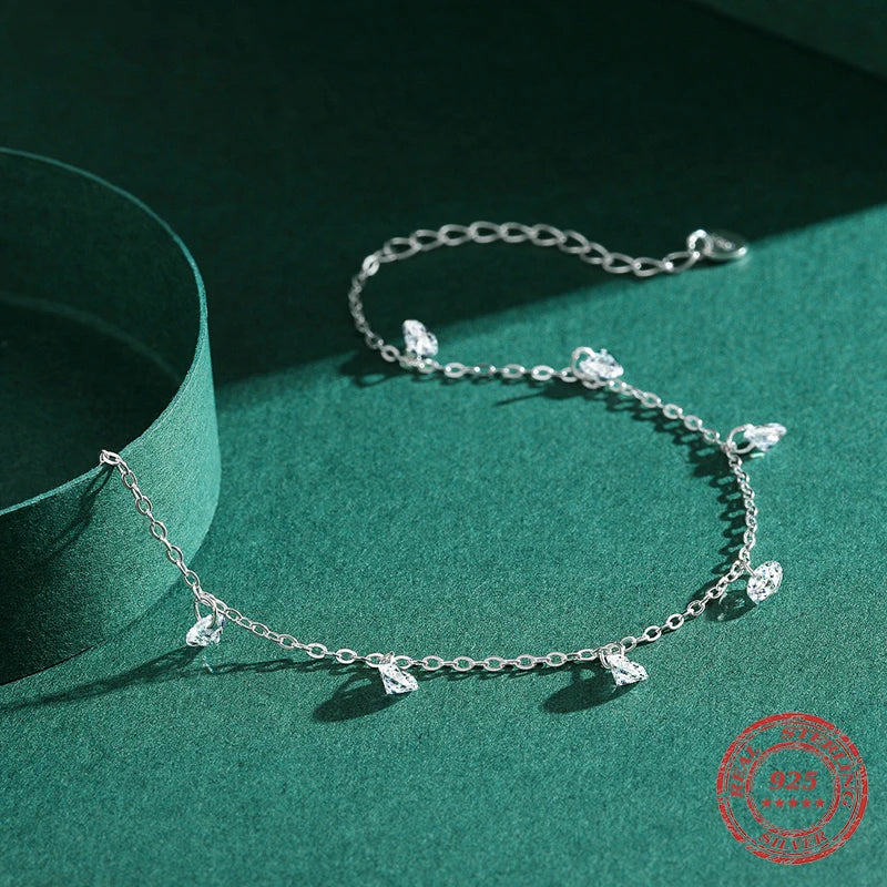 Elegant Sterling Silver Heart CZ Chain Bracelet